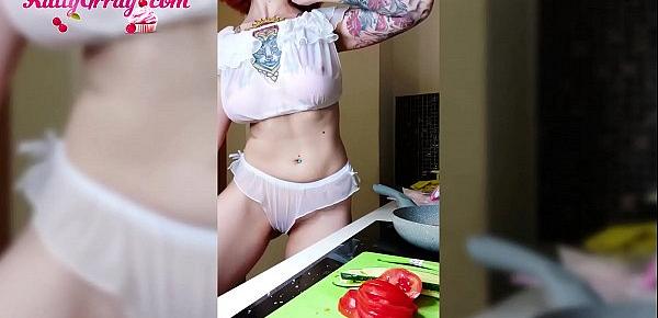  Horny Tattooed Teen Passionate Fingering in the Morning While Cooking